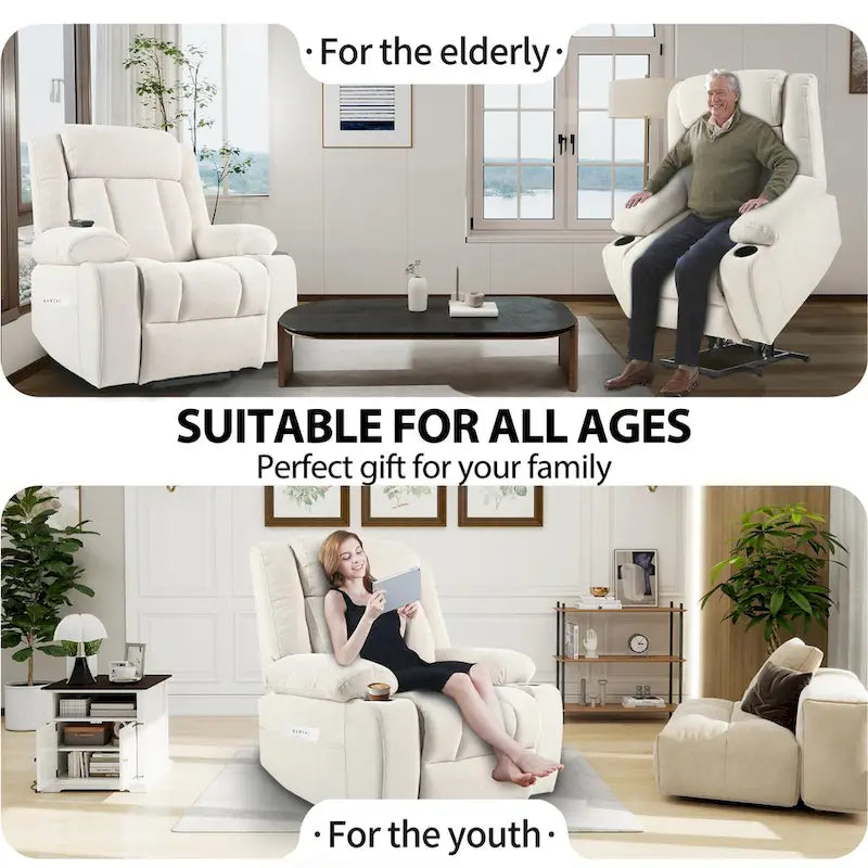 Fauteuil inclinable releveur électrique en velours flocon de neige avec repose-pieds étendu