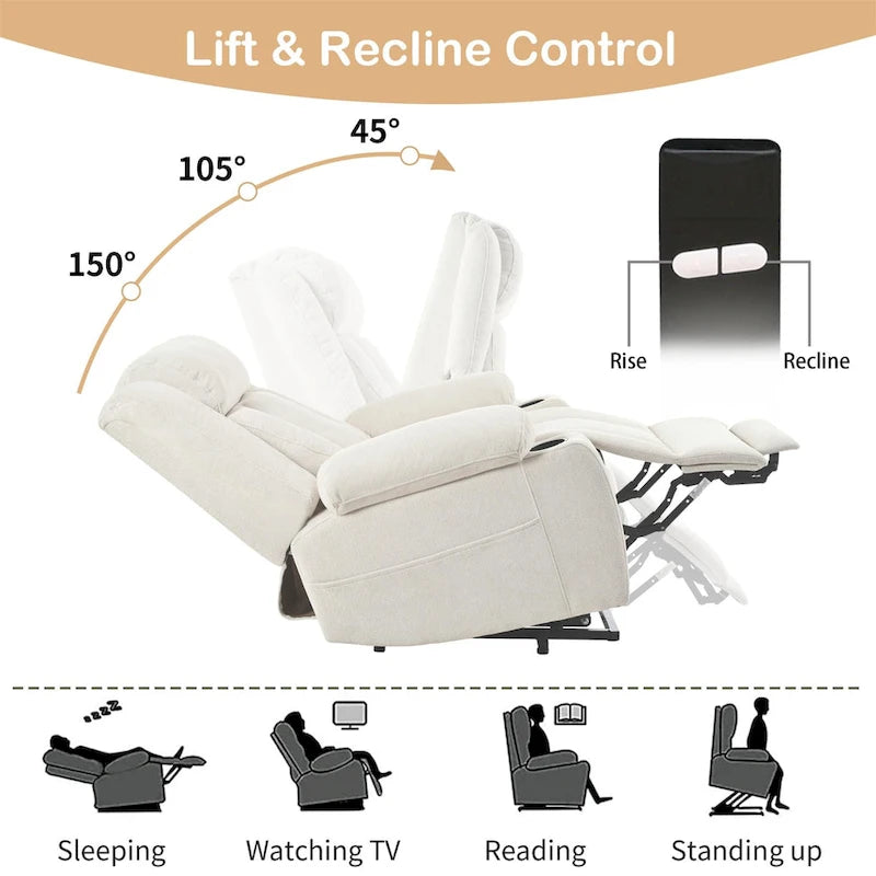 Fauteuil inclinable releveur électrique en velours flocon de neige avec repose-pieds étendu