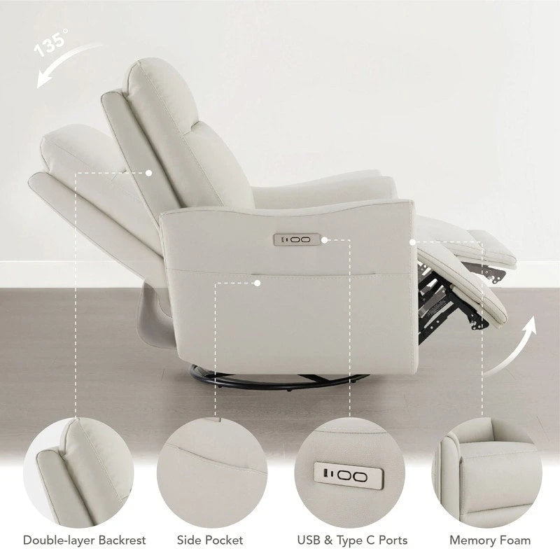 Fauteuil inclinable, pivotant et berçant Farley en cuir véritable pour chambre de bébé