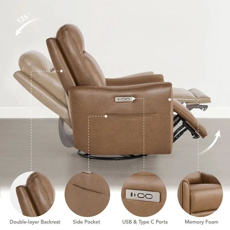 Fauteuil inclinable, pivotant et berçant Farley en cuir véritable pour chambre de bébé