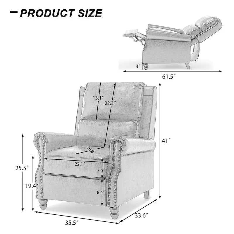 Fauteuil inclinable à dossier basculant, assise rembourrée et cloutée