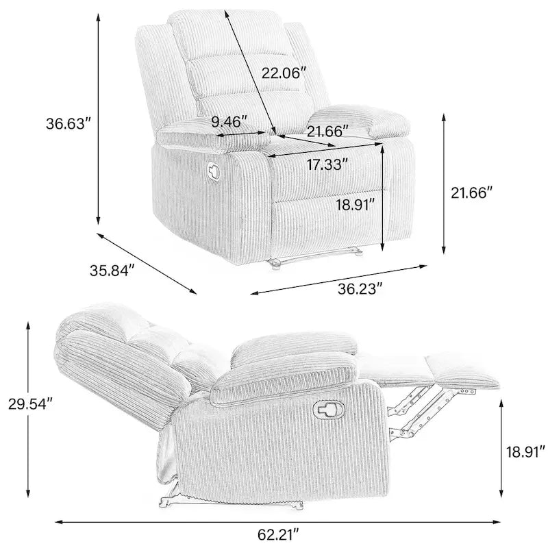 Fauteuil inclinable manuel moderne en velours côtelé, lot de 2, fauteuil d'appoint surdimensionné avec accoudoirs larges
