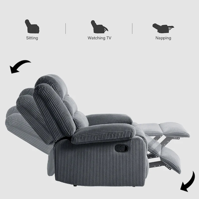 Fauteuil inclinable manuel moderne en velours côtelé, lot de 2, fauteuil d'appoint surdimensionné avec accoudoirs larges