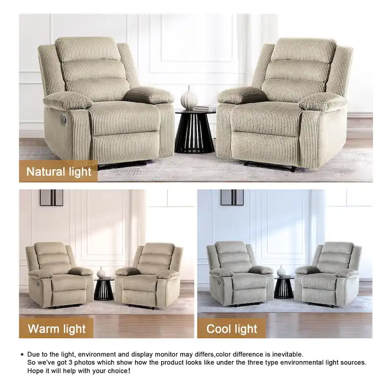Fauteuil inclinable manuel moderne en velours côtelé, lot de 2, fauteuil d'appoint surdimensionné avec accoudoirs larges