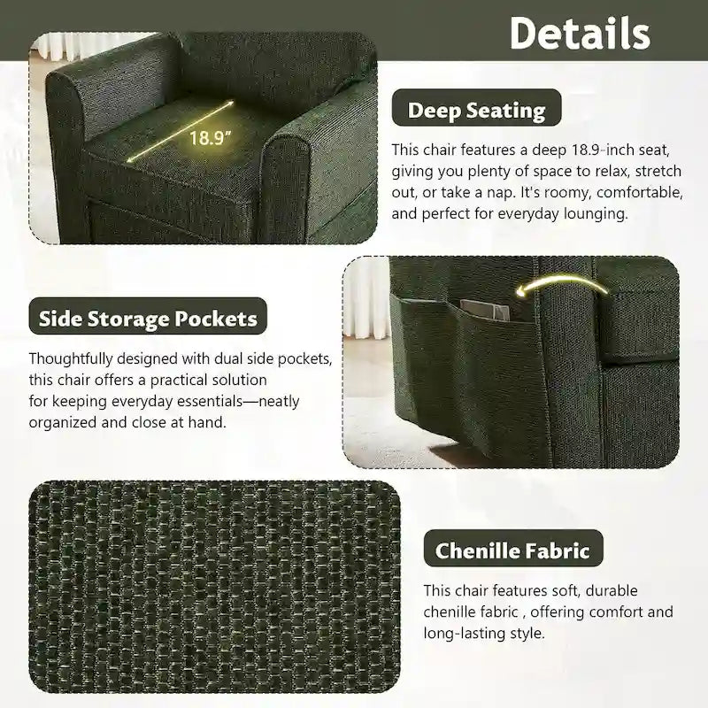 Fauteuil pivotant Chenille 360, Fauteuil moderne avec poches latérales, Fauteuil canapé pivotant, Fauteuil inclinable ergonomique pour chambre à coucher