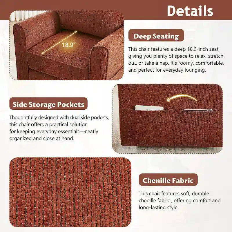 Fauteuil pivotant Chenille 360, Fauteuil moderne avec poches latérales, Fauteuil canapé pivotant, Fauteuil inclinable ergonomique pour chambre à coucher