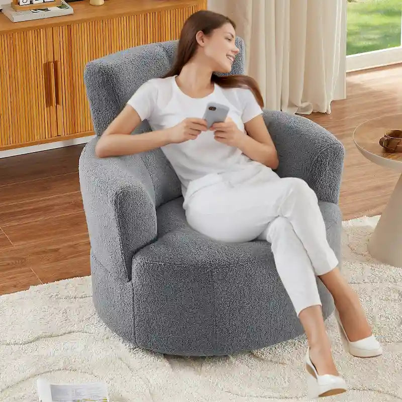 Fauteuil pivotant à 360°, fauteuil barrel rembourré avec appui-tête réglable, fauteuil de salon rond pivotant moderne
