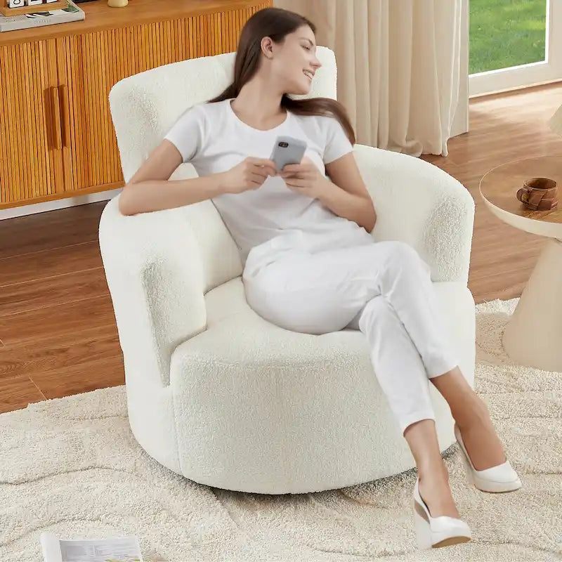 Fauteuil pivotant à 360°, fauteuil barrel rembourré avec appui-tête réglable, fauteuil de salon rond pivotant moderne