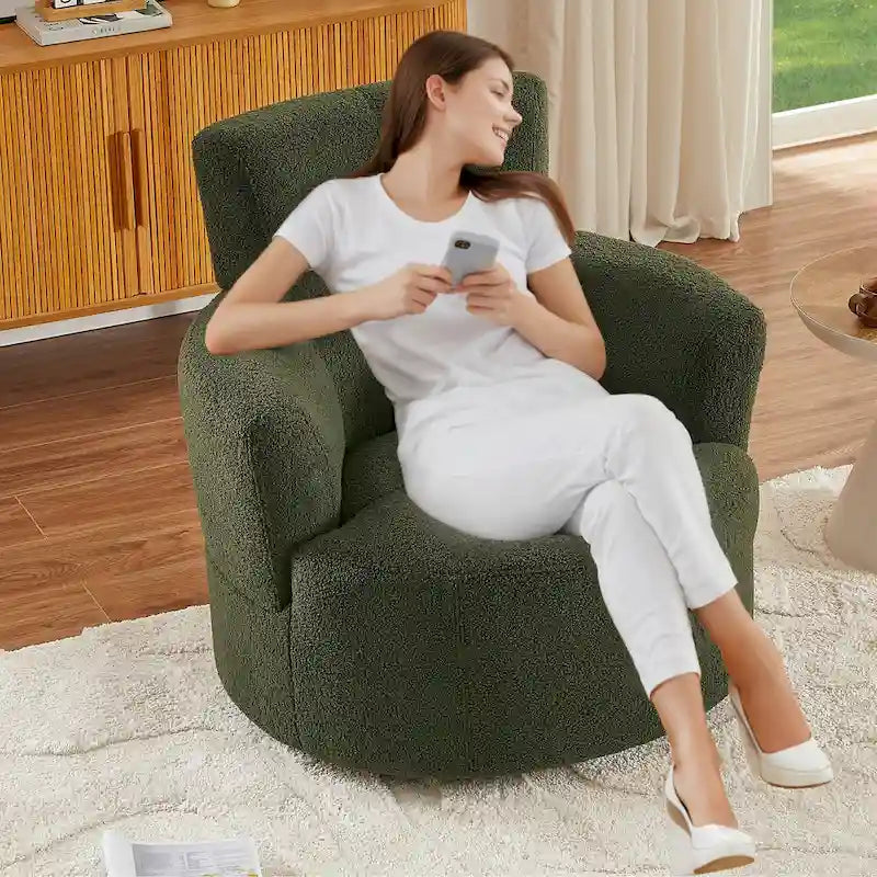 Fauteuil pivotant à 360°, fauteuil barrel rembourré avec appui-tête réglable, fauteuil de salon rond pivotant moderne