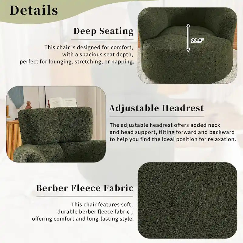Fauteuil pivotant à 360°, fauteuil barrel rembourré avec appui-tête réglable, fauteuil de salon rond pivotant moderne