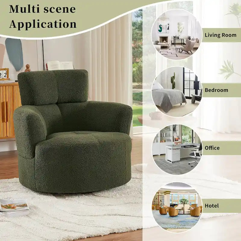 Fauteuil pivotant à 360°, fauteuil barrel rembourré avec appui-tête réglable, fauteuil de salon rond pivotant moderne