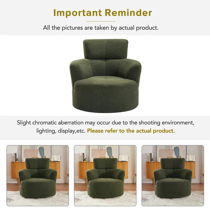 Fauteuil pivotant à 360°, fauteuil barrel rembourré avec appui-tête réglable, fauteuil de salon rond pivotant moderne
