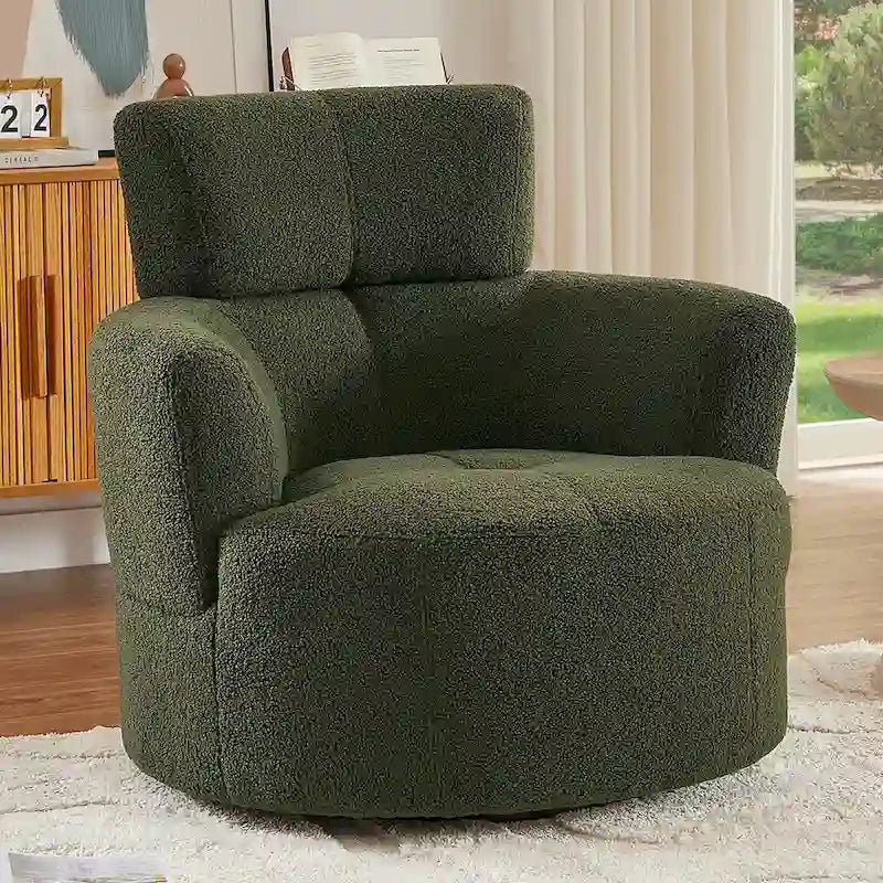 Fauteuil pivotant à 360°, fauteuil barrel rembourré avec appui-tête réglable, fauteuil de salon rond pivotant moderne