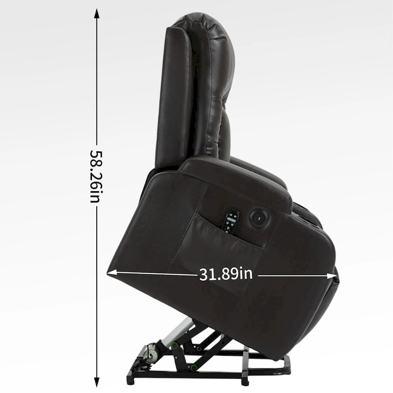 Fauteuil inclinable électrique lève-personne à position infinie avec massage et chaleur, deux ports USB, porte-gobelets, poches latérales, idéal pour les personnes âgées