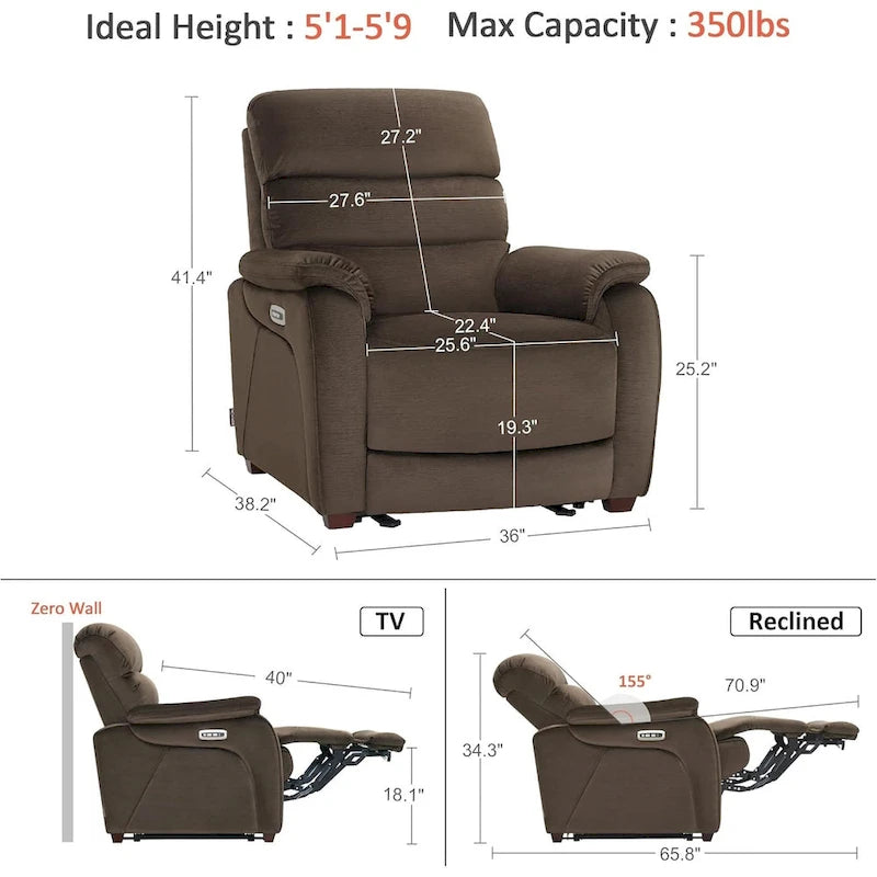 Fauteuil inclinable électrique MCombo Zero Wall-Hugger avec appui-tête réglable, parfait pour les petits espaces et les véhicules récréatifs, tissu ST257