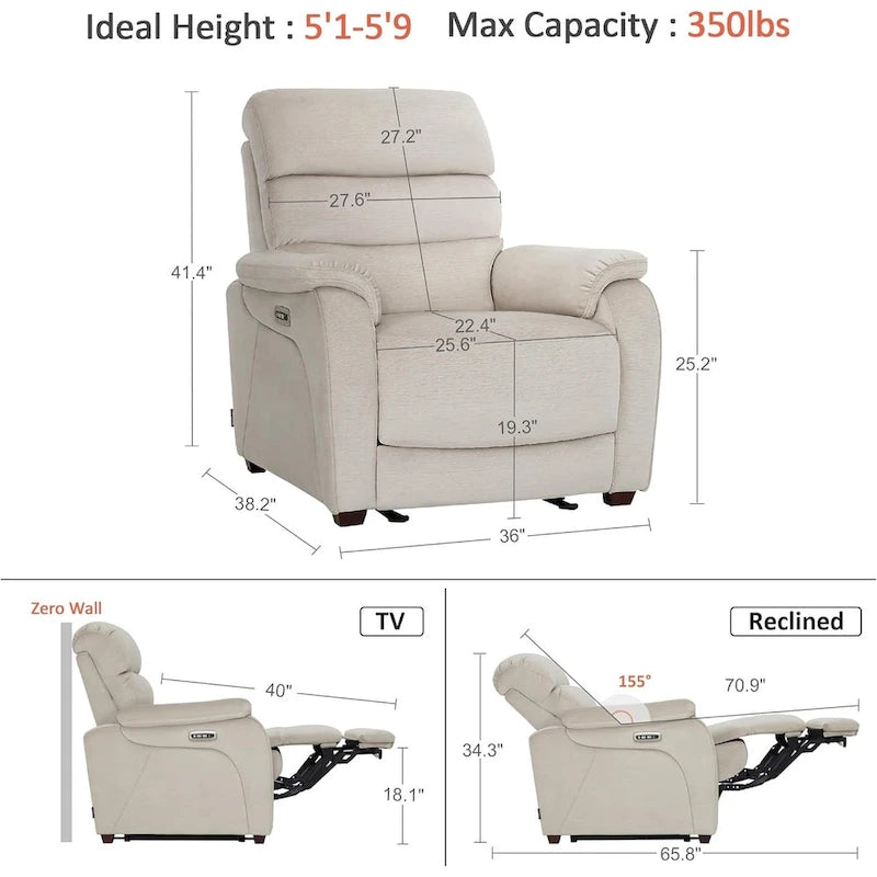 Fauteuil inclinable électrique MCombo Zero Wall-Hugger avec appui-tête réglable, parfait pour les petits espaces et les véhicules récréatifs, tissu ST257