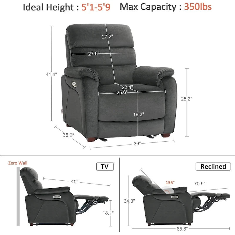 Fauteuil inclinable électrique MCombo Zero Wall-Hugger avec appui-tête réglable, parfait pour les petits espaces et les véhicules récréatifs, tissu ST257