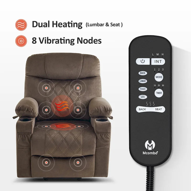 Fauteuil inclinable électrique MCombo Small Dual Motor avec massage, double chauffage, appui-tête réglable, tissu 7222