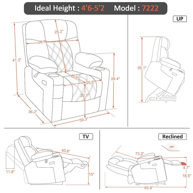 Fauteuil inclinable électrique MCombo Small Dual Motor avec massage, double chauffage, appui-tête réglable, tissu 7222