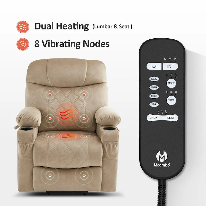 Fauteuil inclinable électrique MCombo Small Dual Motor avec massage, double chauffage, appui-tête réglable, tissu 7222