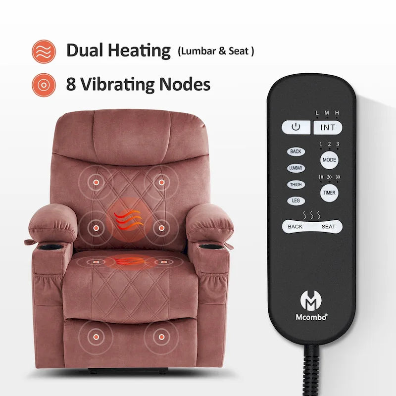 Fauteuil inclinable électrique MCombo Small Dual Motor avec massage, double chauffage, appui-tête réglable, tissu 7222