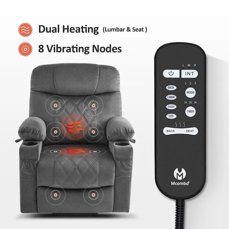 Fauteuil inclinable électrique MCombo Small Dual Motor avec massage, double chauffage, appui-tête réglable, tissu 7222