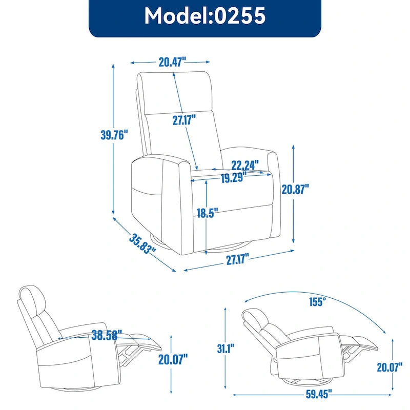 Fauteuil inclinable manuel de massage 8 points en tissu pivotant fauteuil simple avec fonction bascule et chauffage lombaire