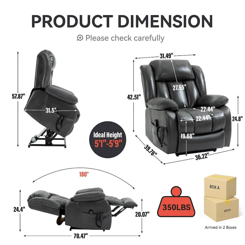 Fauteuil inclinable releveur électrique à double moteur en similicuir pour personnes âgées, canapé de massage individuel Lazy Boy avec 8 points de vibration et chauffage lombaire