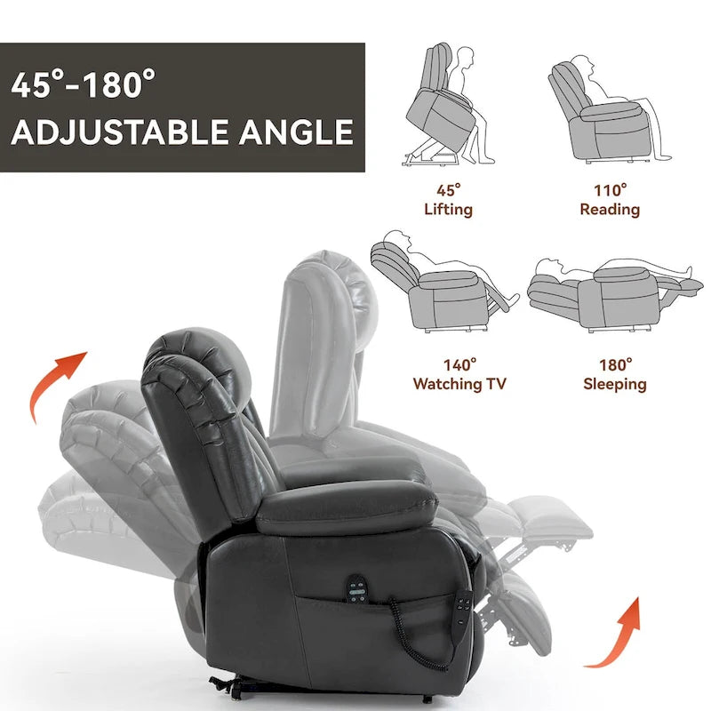Fauteuil inclinable releveur électrique à double moteur en similicuir pour personnes âgées, canapé de massage individuel Lazy Boy avec 8 points de vibration et chauffage lombaire