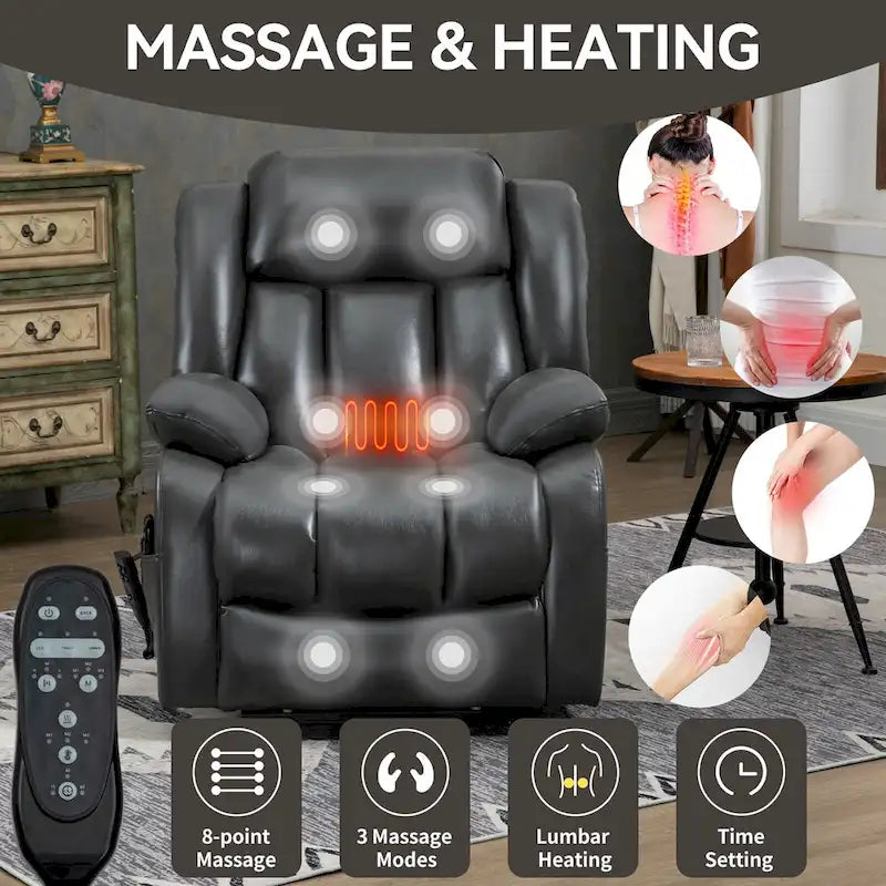 Fauteuil inclinable releveur électrique à double moteur en similicuir pour personnes âgées, canapé de massage individuel Lazy Boy avec 8 points de vibration et chauffage lombaire