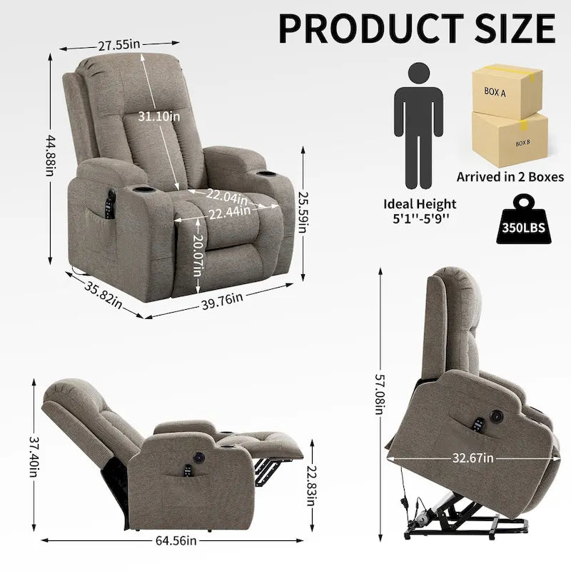 Fauteuil inclinable releveur électrique Lazy Boy, fauteuil de massage moderne à moteur unique avec chauffage lombaire, port de chargement USB, porte-gobelets