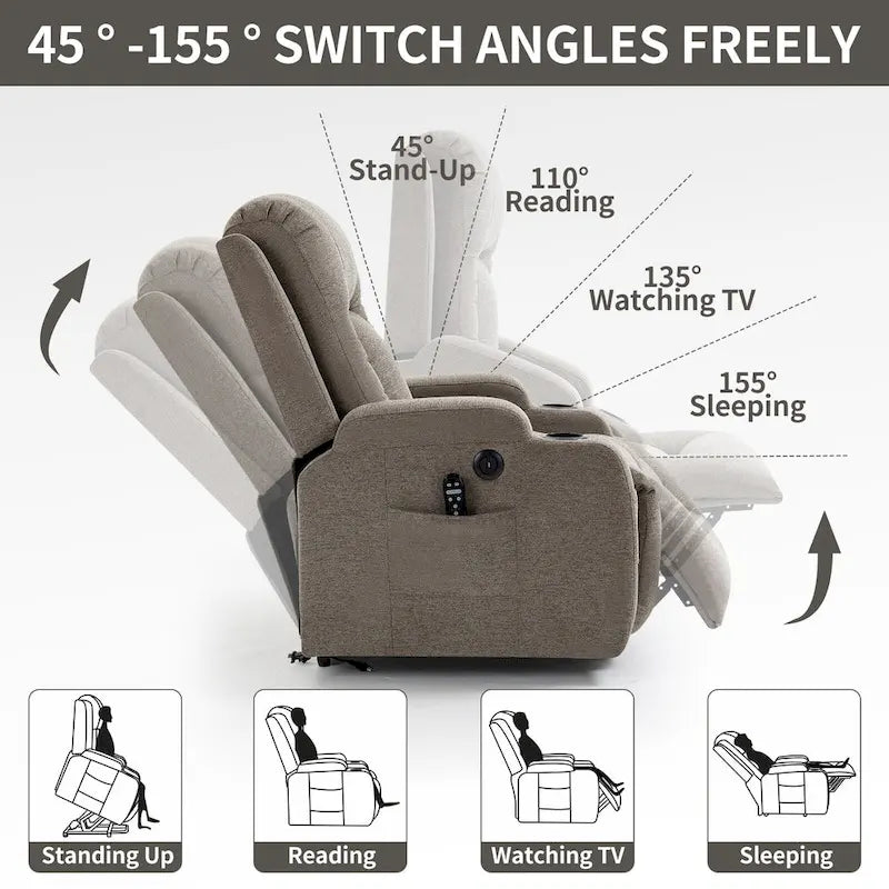 Fauteuil inclinable releveur électrique Lazy Boy, fauteuil de massage moderne à moteur unique avec chauffage lombaire, port de chargement USB, porte-gobelets