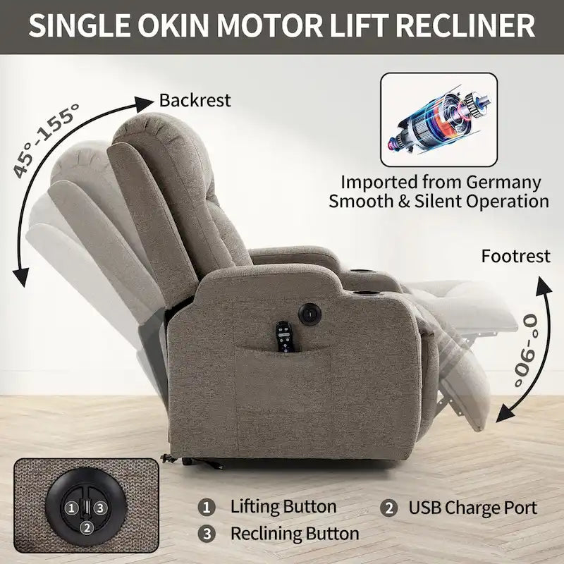 Fauteuil inclinable releveur électrique Lazy Boy, fauteuil de massage moderne à moteur unique avec chauffage lombaire, port de chargement USB, porte-gobelets
