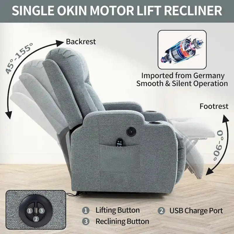 Fauteuil inclinable releveur électrique Lazy Boy, fauteuil de massage moderne à moteur unique avec chauffage lombaire, port de chargement USB, porte-gobelets