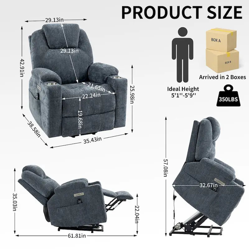 Fauteuil inclinable électrique Lazy Boy en chenille, Fauteuil inclinable moderne avec massage par vibration à 8 points, chauffage lombaire et ports Type-C