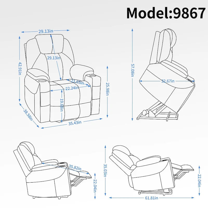 Fauteuil inclinable électrique Lazy Boy en chenille, Fauteuil inclinable moderne avec massage par vibration à 8 points, chauffage lombaire et ports Type-C