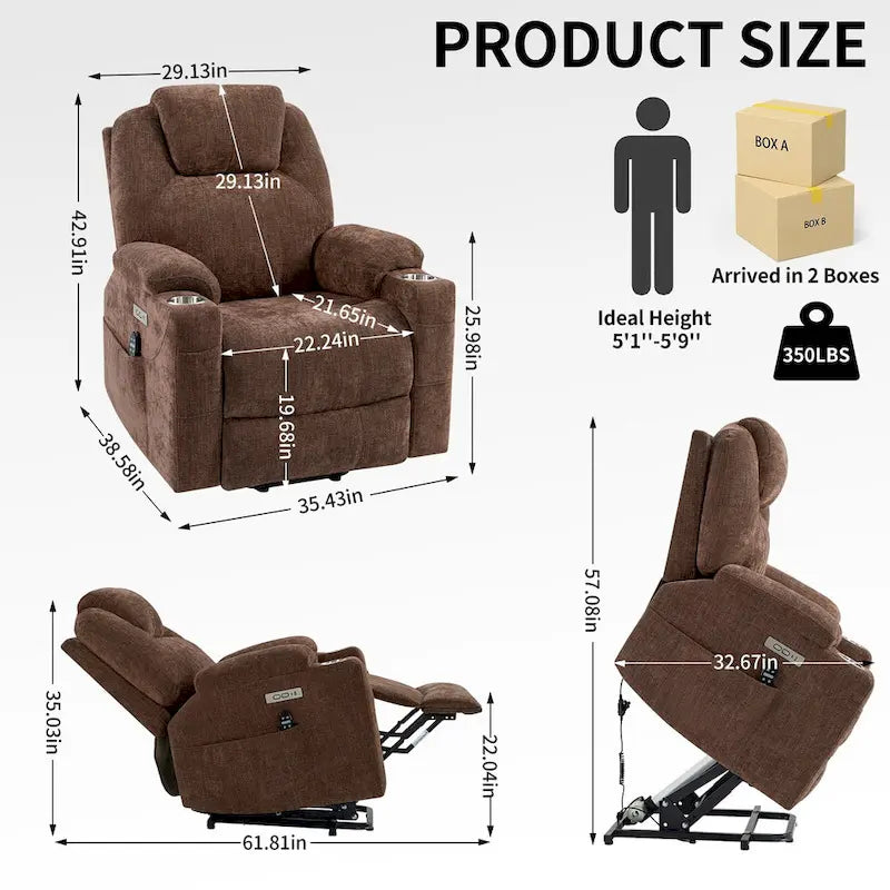 Fauteuil inclinable électrique Lazy Boy en chenille, Fauteuil inclinable moderne avec massage par vibration à 8 points, chauffage lombaire et ports Type-C