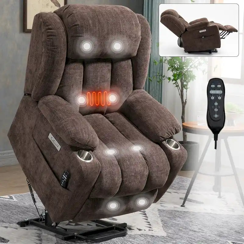Fauteuil inclinable Lazy Boy Chenille avec fonction de levage, fauteuil de massage individuel de salon moderne avec chauffage lombaire, ports USB et Type-C