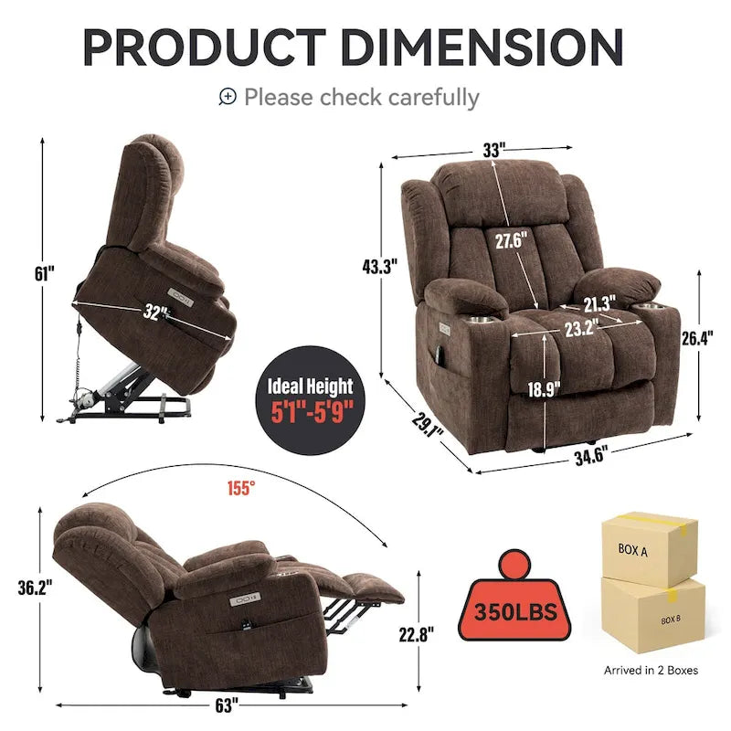 Fauteuil inclinable Lazy Boy Chenille avec fonction de levage, fauteuil de massage individuel de salon moderne avec chauffage lombaire, ports USB et Type-C