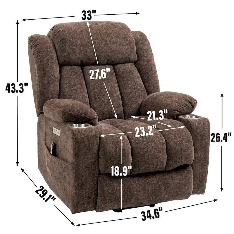 Fauteuil inclinable Lazy Boy Chenille avec fonction de levage, fauteuil de massage individuel de salon moderne avec chauffage lombaire, ports USB et Type-C