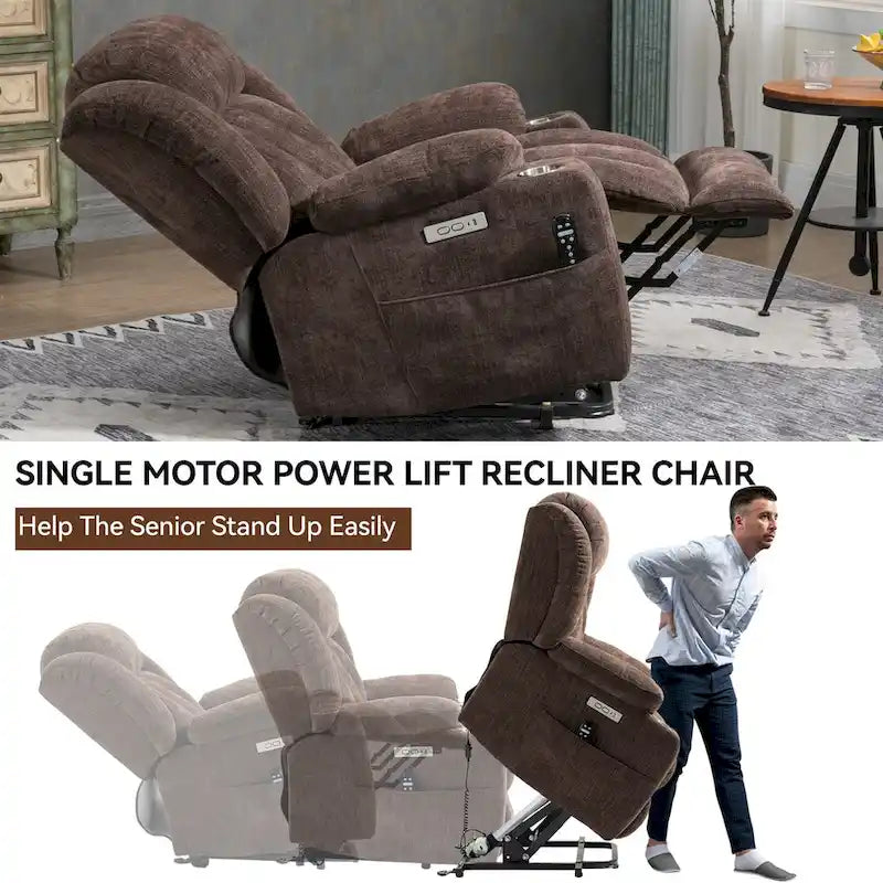 Fauteuil inclinable Lazy Boy Chenille avec fonction de levage, fauteuil de massage individuel de salon moderne avec chauffage lombaire, ports USB et Type-C