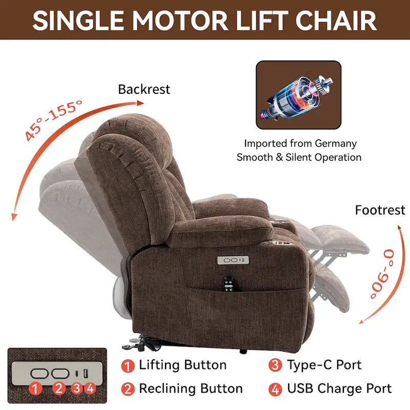 Fauteuil inclinable Lazy Boy Chenille avec fonction de levage, fauteuil de massage individuel de salon moderne avec chauffage lombaire, ports USB et Type-C