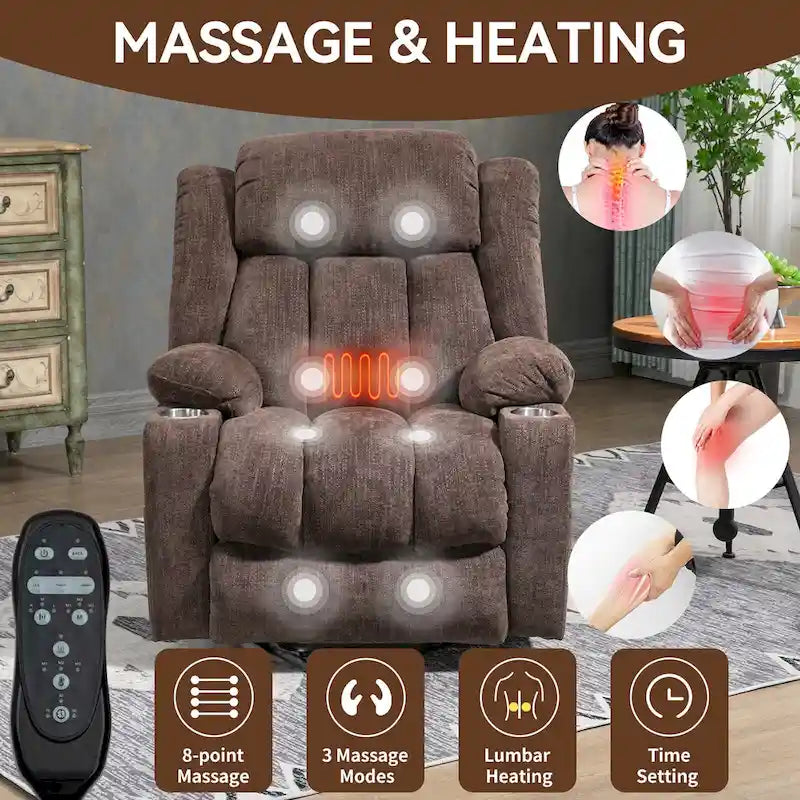Fauteuil inclinable Lazy Boy Chenille avec fonction de levage, fauteuil de massage individuel de salon moderne avec chauffage lombaire, ports USB et Type-C