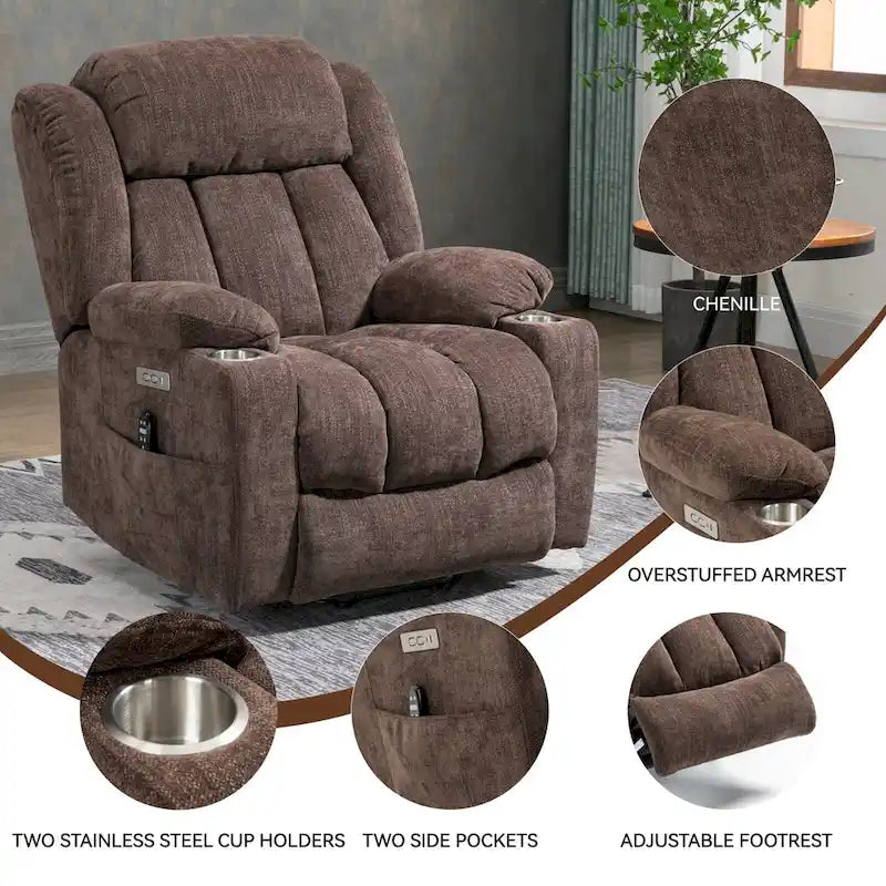 Fauteuil inclinable Lazy Boy Chenille avec fonction de levage, fauteuil de massage individuel de salon moderne avec chauffage lombaire, ports USB et Type-C