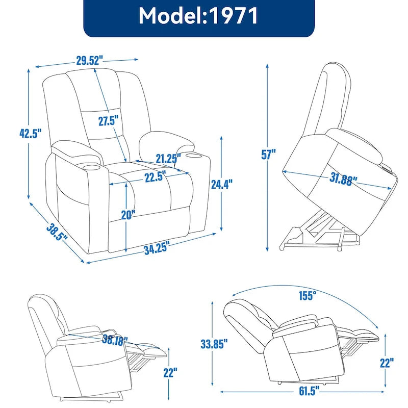 Fauteuil inclinable Power Lift avec massage et chaleur, fauteuils inclinables larges et rembourrés Lazy Boy avec ports USB, Type C et 2 porte-gobelets en acier
