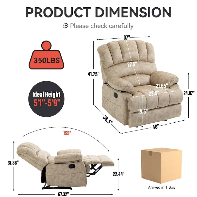 Fauteuil inclinable manuel surdimensionné en tissu pour salon, réglable, avec levier latéral