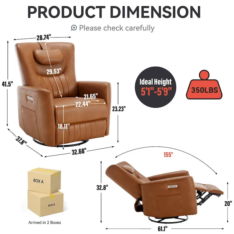 Fauteuil inclinable électrique pivotant et à bascule en similicuir, fauteuil inclinable moderne à une place avec oreiller de soutien lombaire et cervical, ports USB et Type-C