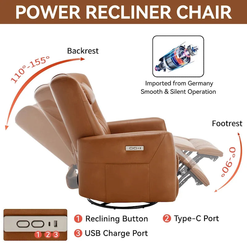 Fauteuil inclinable électrique pivotant et à bascule en similicuir, fauteuil inclinable moderne à une place avec oreiller de soutien lombaire et cervical, ports USB et Type-C