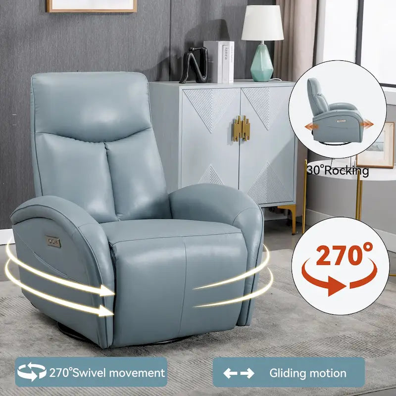 Fauteuil inclinable électrique pivotant et à bascule en cuir véritable 270 pour personnes âgées, canapé simple de salon avec support lombaire et accoudoirs roulés