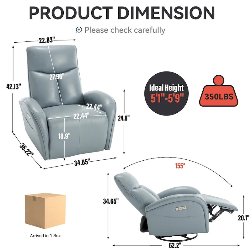 Fauteuil inclinable électrique pivotant et à bascule en cuir véritable 270 pour personnes âgées, canapé simple de salon avec support lombaire et accoudoirs roulés